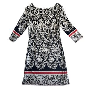 Damask Print 3/4 Sleeve Sheath Dress Black White Red Boat Neck Mini
